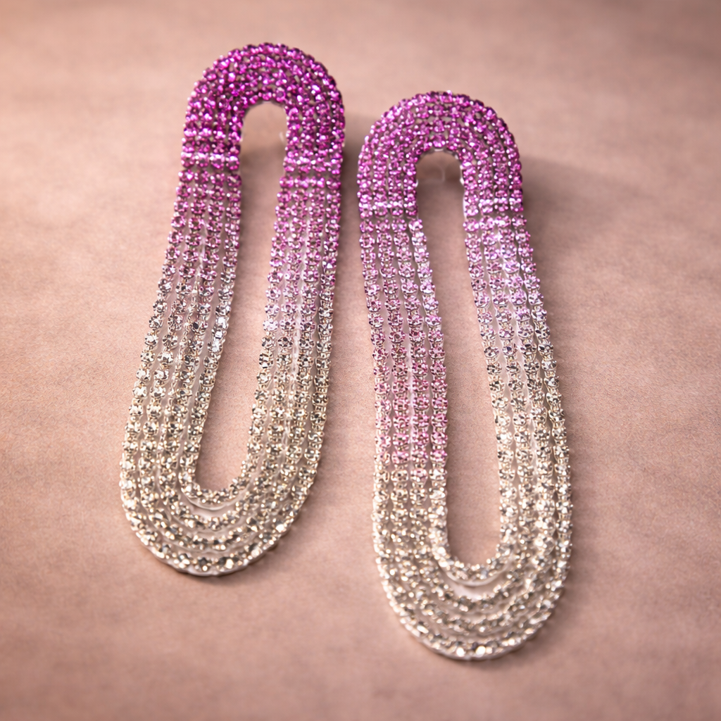 Black Pink Multi Chain U Shape Silver Rhinestone Dangler Earrings