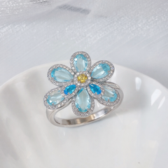 Blue Multi Color Flower Gold Plated CZ Copper Adjustable Cocktail Ring