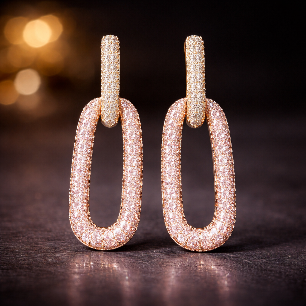 Purple Pink Rectangle Shape Gold Plated Cubic Zirconia Dangler Earrings