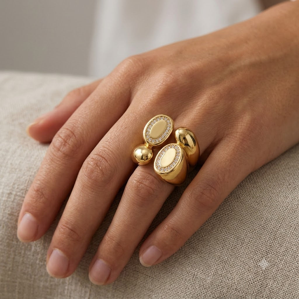 Luxury Gold Plated Oval CZ Sculptural Copper Anti Tarnish Fancy Ring