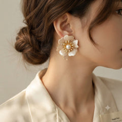 Designer Floral Gold Plated White Mother of Pearl Alloy Stud Earrings