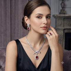 Luxury Ruby Red Emerald Cut CZ Silver Plated Copper Necklace Combo Set