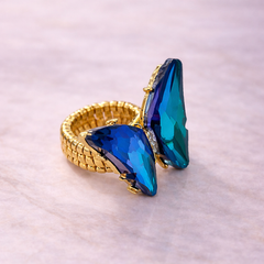 Multi Color Butterfly Gold Crystal Adjustable Cocktail Ring For Women