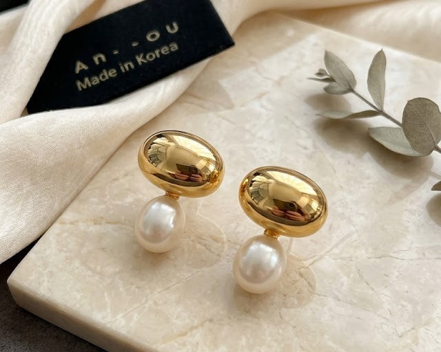 Gold Silver Oval Pearl  Anti Tarnish Copper Drop Earrings For Women