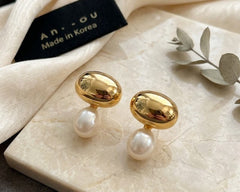 Gold Silver Oval Pearl  Anti Tarnish Copper Drop Earrings For Women