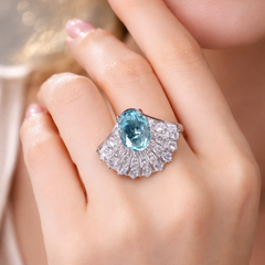 White Blue Fan Style Silver Plated CZ Copper Adjustable Cocktail Ring