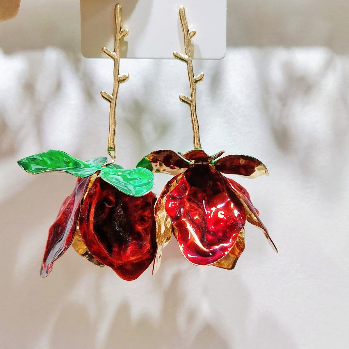 Pink Blue Red White Flower Gold Plated Enamel Dangler Earrings For Women