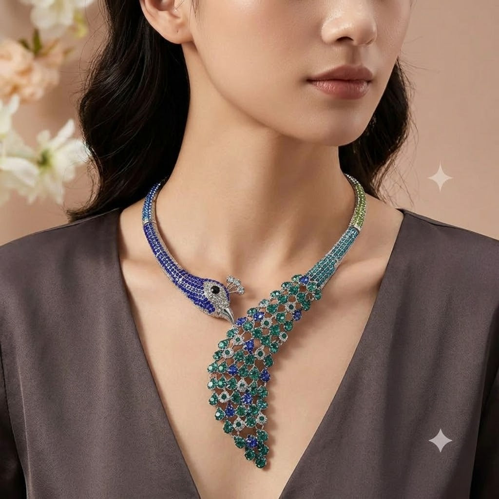 Peacock Style Silver Plated Blue Green & White Rhinestone Alloy Necklace