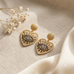 Luxury Heart Shaped Evil Eye Gold Plated CZ Drop Earrings For Women