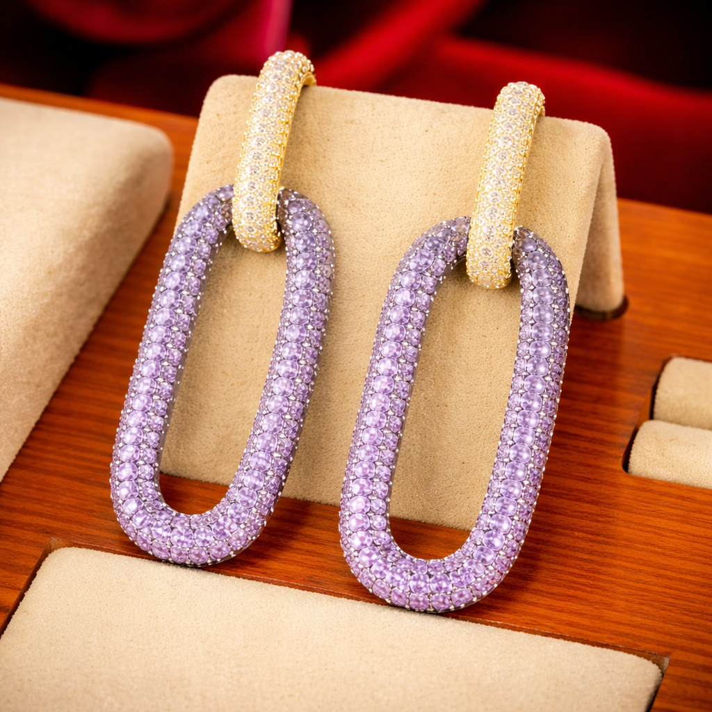 Purple Pink Rectangle Shape Gold Plated Cubic Zirconia Dangler Earrings