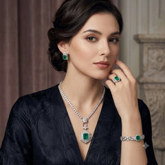Luxury Emerald Green CZ Silver Anti Tarnish Copper Necklace Combo Set