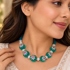Designer Floral Green Beads Gold Silver Copper Necklace Earring Set