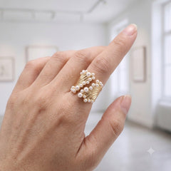 Luxury Gold Plated Twisted Rope Design Faux Pearl Copper Cocktail Ring