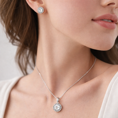 Luxury Round Halo Rose Silver Gold CZ Copper Necklace Earring Set