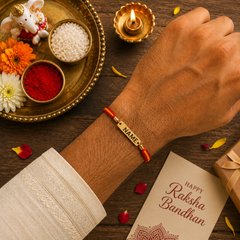 Customized Personalised Engraving Gold Plated Red Orange Thread Rakhi