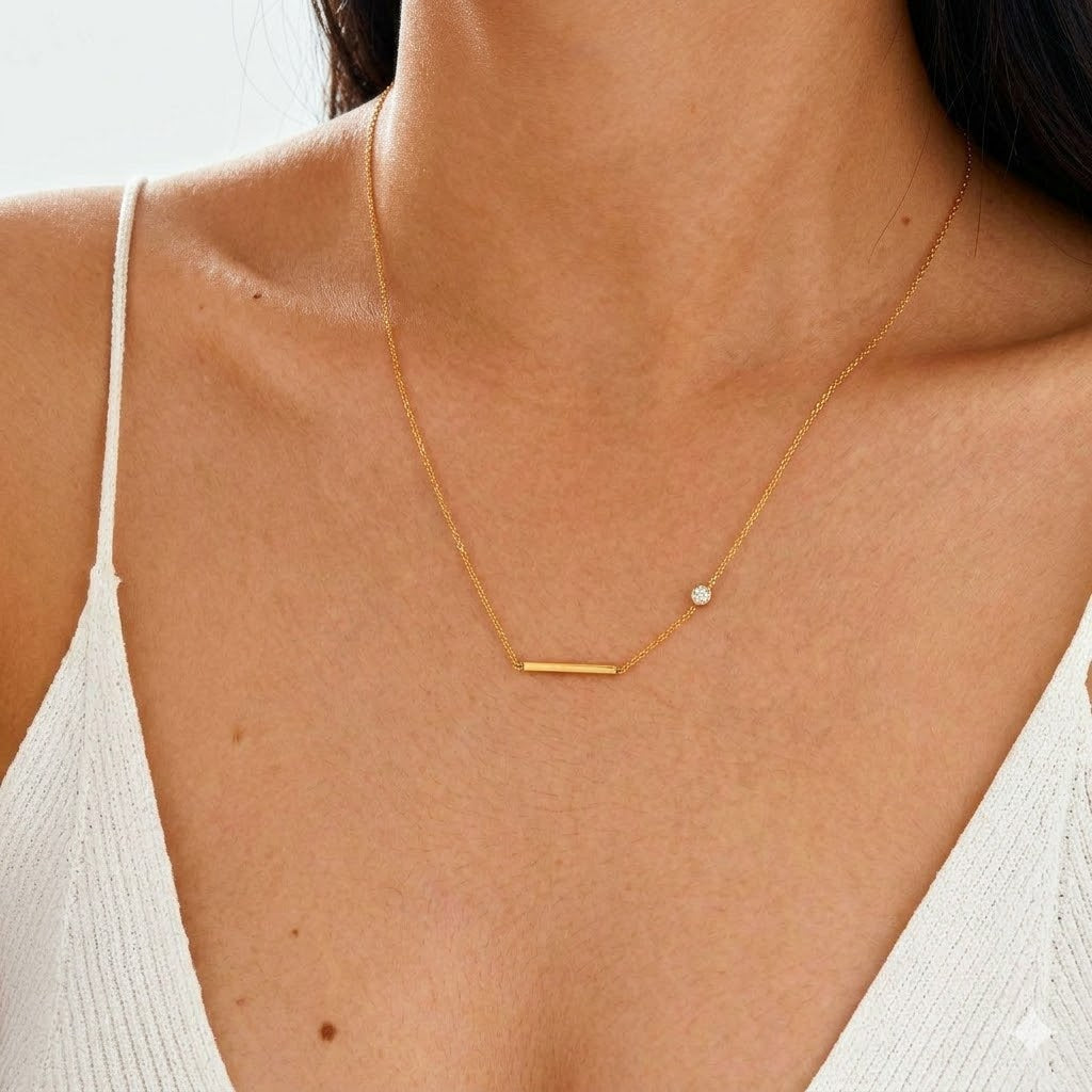 Gold Minimal Bar Plain Stainless Steel Bracelet Pendant Chain Combo