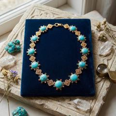 Luxury Gold Plated Turquoise Blue Faux Stone CZ Filigree Copper Necklace