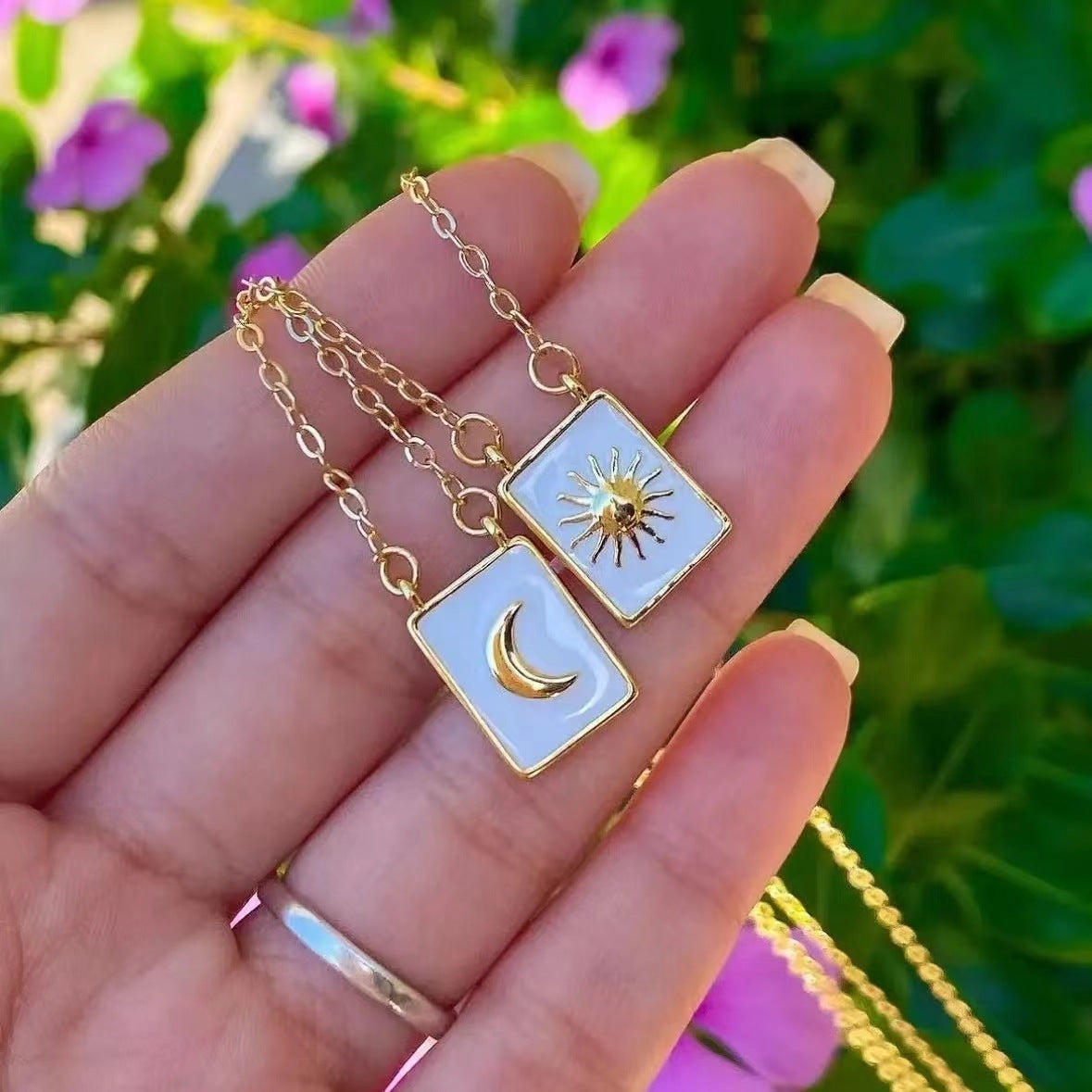 White Charm Sun And Moon Gold Enamel Pendant Chain Necklace