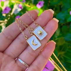 White Charm Sun And Moon Gold Enamel Pendant Chain Necklace