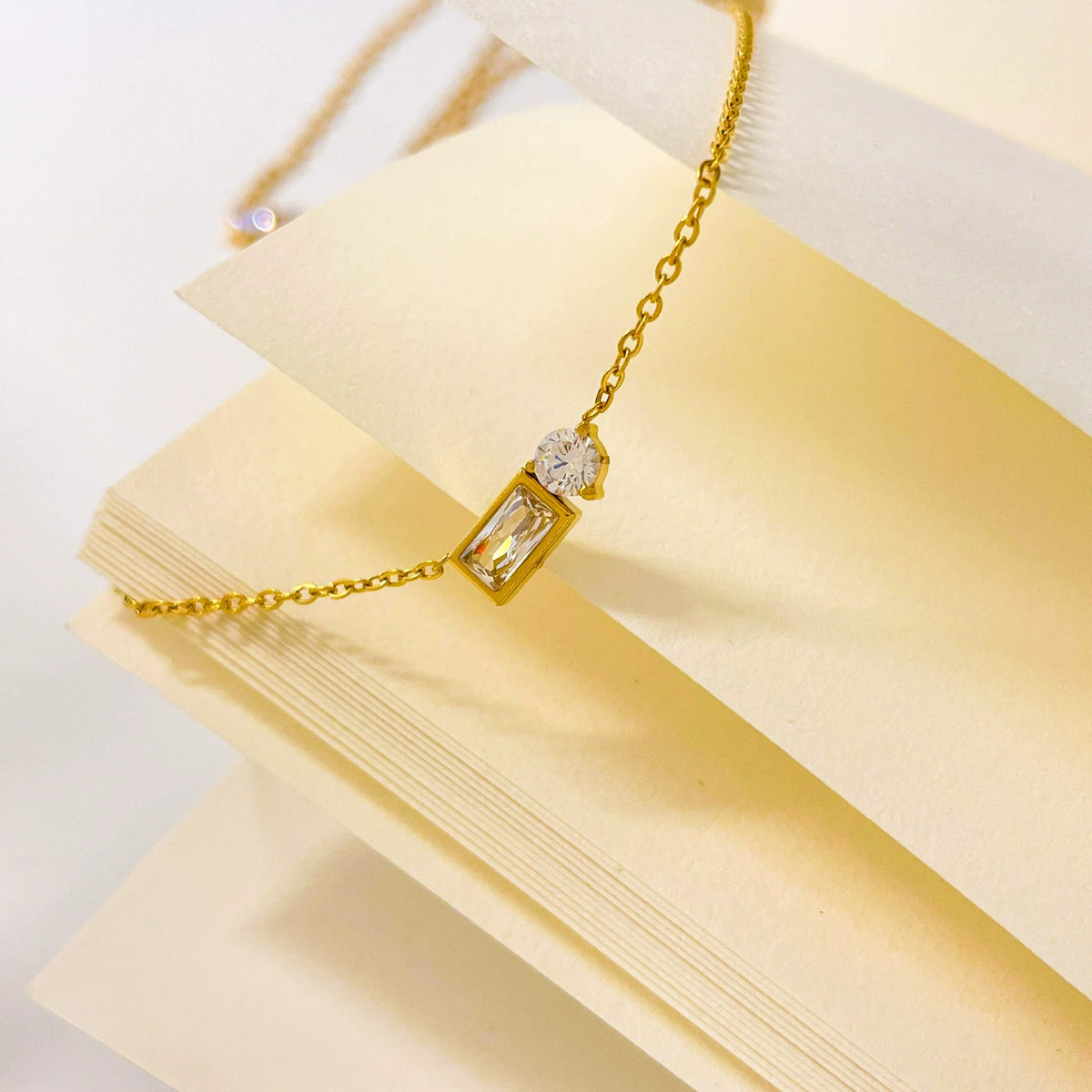 White Square & Round Gold Plated Cubic Zirconia Pendant Chain Necklace.
