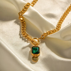 Green Square and Buckle Thick Chain Gold Plated CZ Necklace