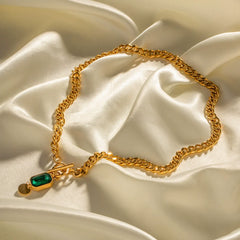 Green Square and Buckle Thick Chain Gold Plated CZ Necklace