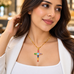 Designer Multi Color Evil Eye Cross Gold Plated CZ Copper Necklace