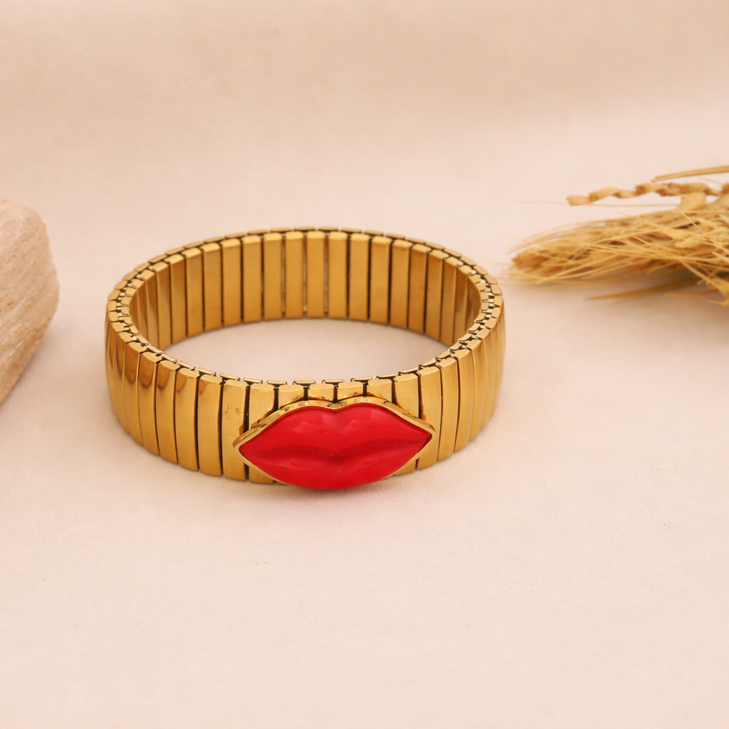Red Pink Stretchable Lip Style Gold Plated Stainless Steel Bracelet