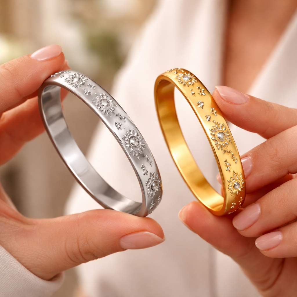 Sun Pattern Gold Silver CZ Anti Tarnish Stainless Steel Cuff & Kada