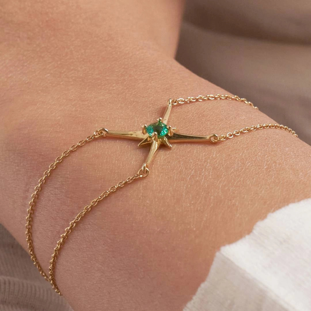 Green Star Gold Plated Cubic Zirconia Brass Bracelet For Women
