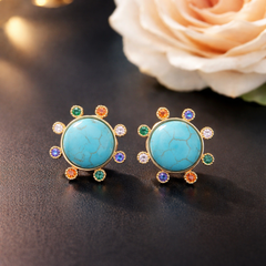 Multi Round Gold CZ Turquoise Anti Tarnish Copper Stud Earrings