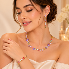 Multi Color Gemstone Gold CZ Anti Tarnish Copper Necklace Combo Set