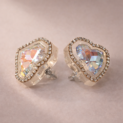 White Heart Sparkling Gold Plated Rhinestone Stud Earrings For Women