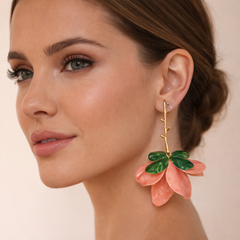 Pink Green Flower Gold Plated Plain Alloy Dangler Earrings For Women