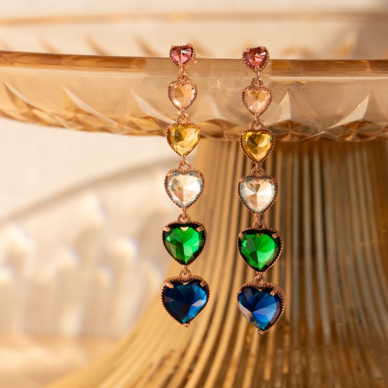 Multi Color Heart Gold Plated CZ Anti Tarnish Copper Dangler Earrings