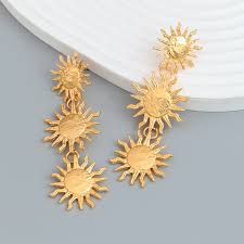 Gold Sun Triple Drop Fashion Dangler Earrings