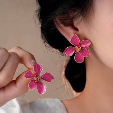Pink Flower Gold Plated Enamel Alloy Stud Earrings For Women