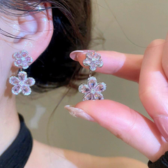 Luxury Silver Plated CZ Crystal Double Floral Copper Dangler Earrings