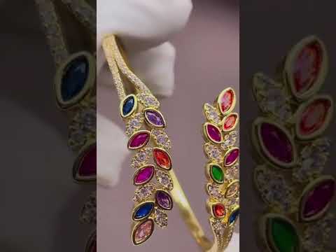 Floral Leaf Multi Color Cubic Zirconia 18K Gold Openable Kada Bangle for Women