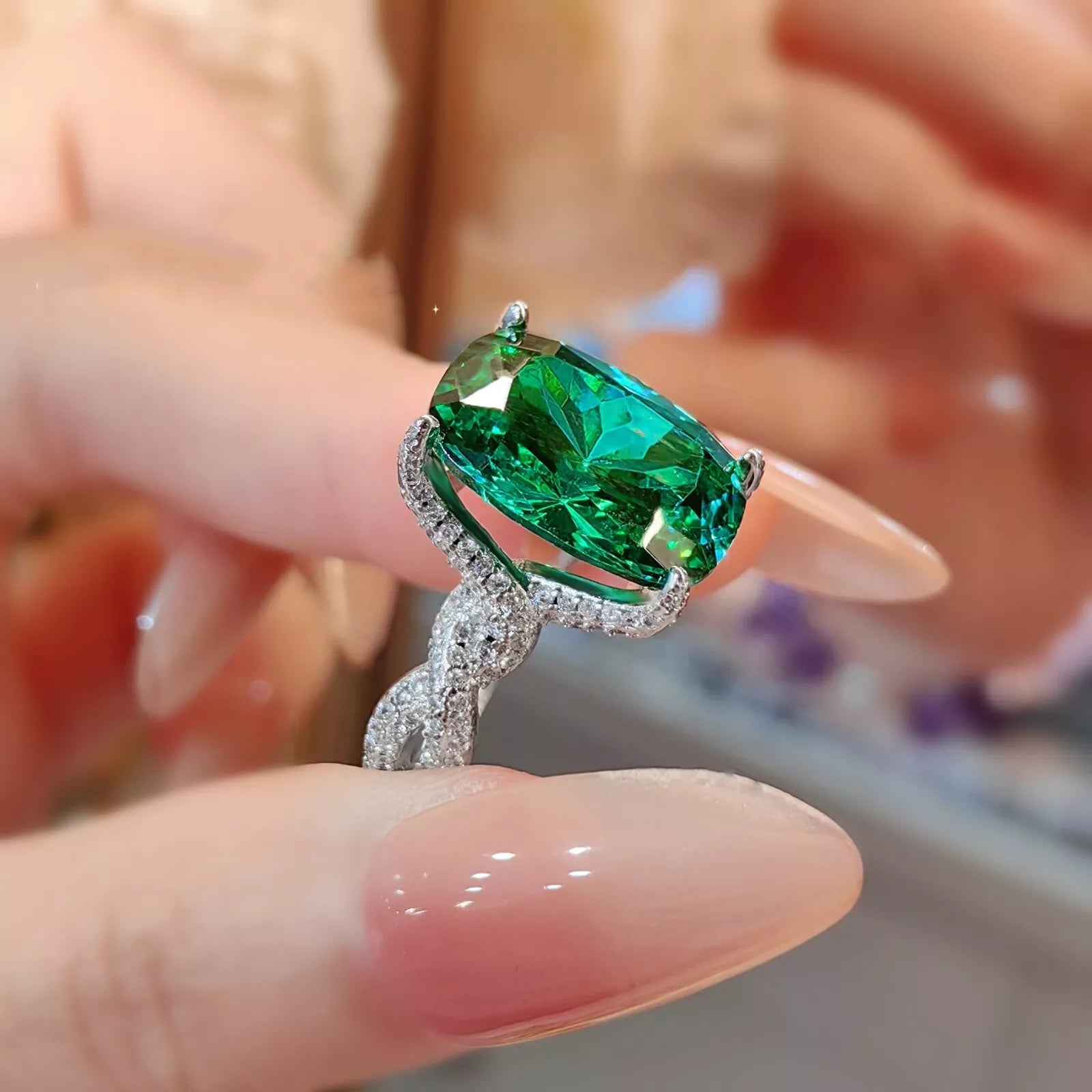Blue Green Solitaire Cubic Zirconia Silver Anti Tarnish Free Size Ring For Women