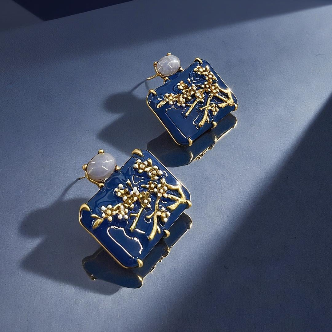 Blue Flower Gold Enamel  Anti Tarnish Copper Stud Earrings Women 