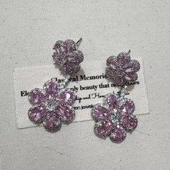 Luxury Silver Plated CZ Crystal Double Floral Copper Dangler Earrings