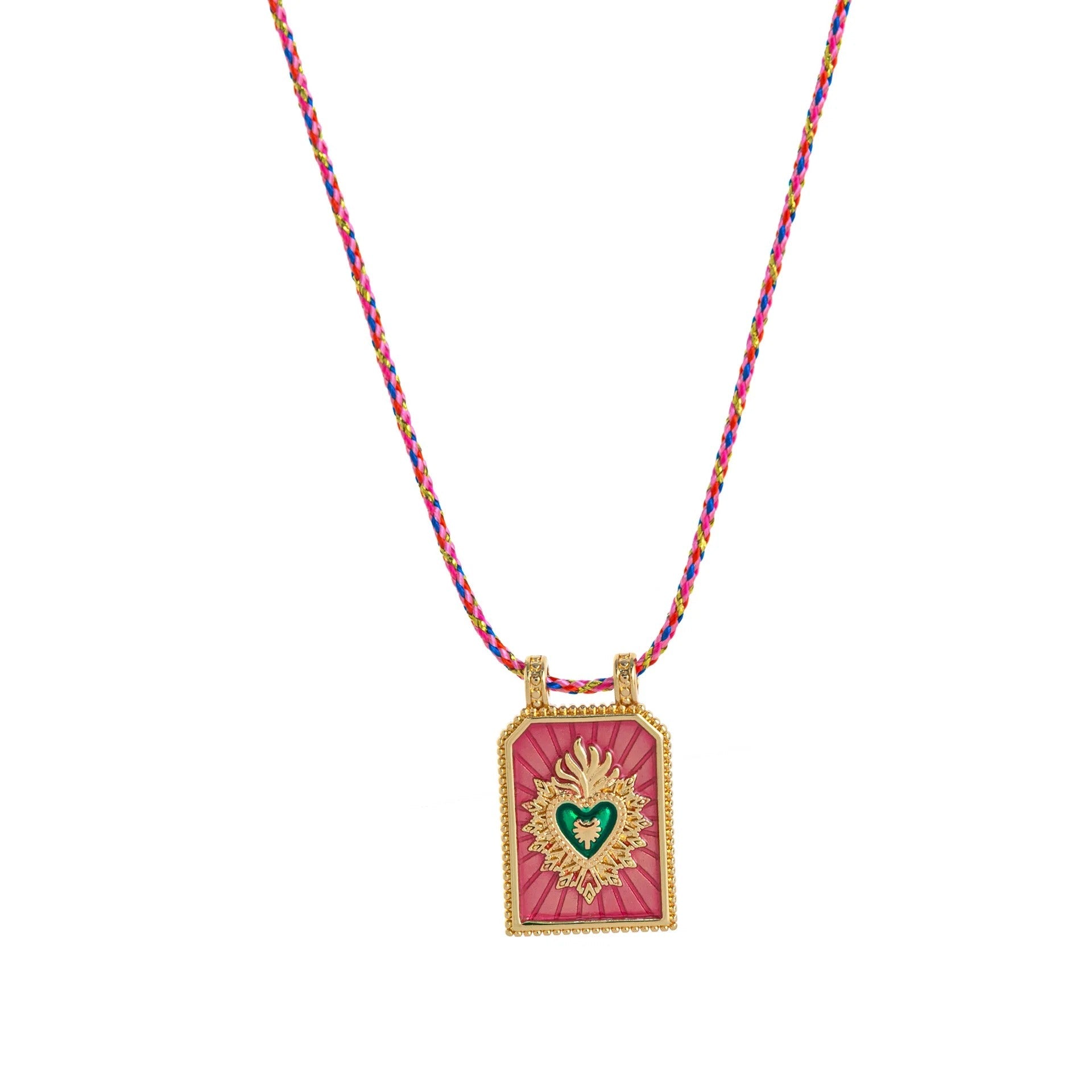 Dual Heart Enamel 18K Gold Pink Green Thread Anti Tarnish Necklace Pendant For Women