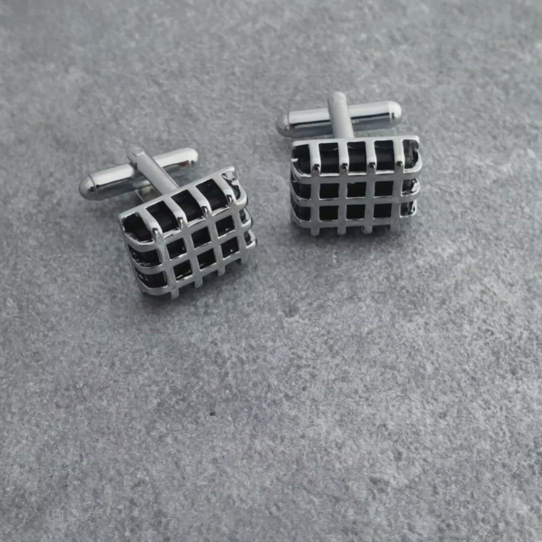 Rectangle Silver Checks Crystal Cufflinks In Box