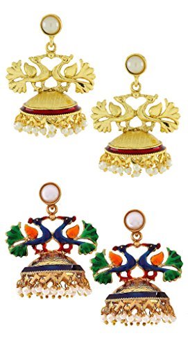 Peacock Crown Gold Plated Maroon Meenakari Jhumki Earring Women