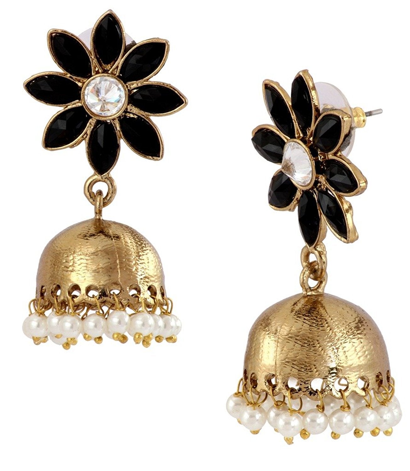 Cute Flower 18K Gold Spinel Black Pearl Jhumki Earring For Women