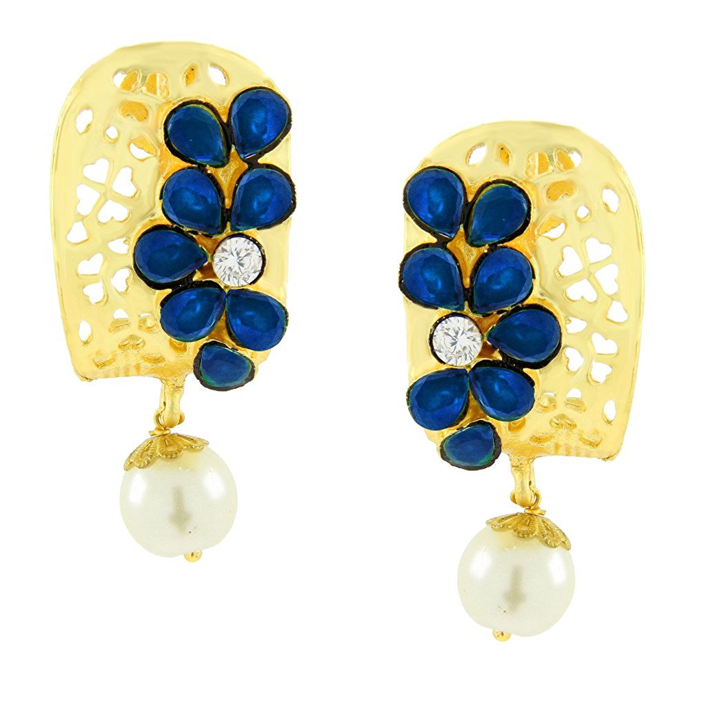 Victorian Matte Gold American Diamond Cz Sapphire Blue Stud Earring