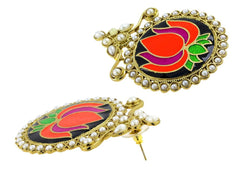 Statement Large Lotus Flower Pink Green Orange Black Stud Earring