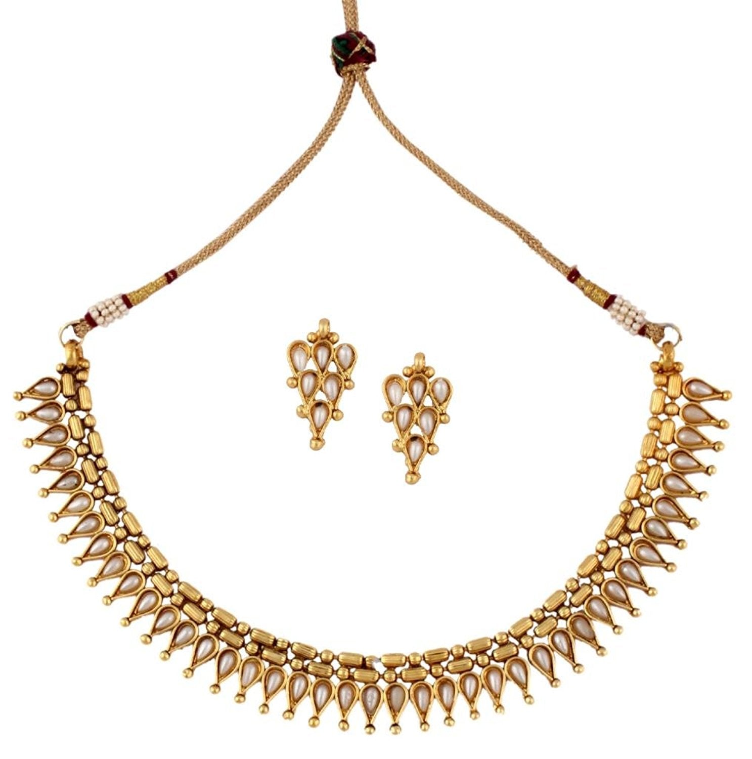 Dainty Traditional Temple Gold Plated Pearl Necklace Earring Set Women