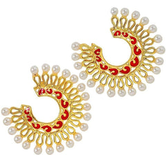 Chaand Bali Filigree Gold Red Meenakari Pearl Earring For Women